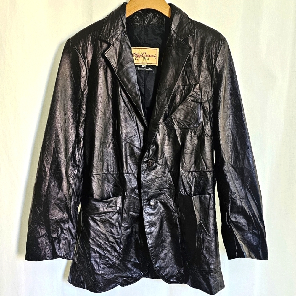 Vintage Oleg Cassini Genuine Leather Black Blazer Jacket - Picture 1 of 16